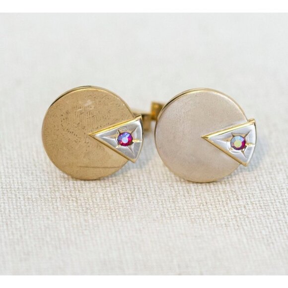 Vintage Minimalist Circular Gold Tone Elegant Rhinestone Cuff Links - K1 - Picture 1 of 3